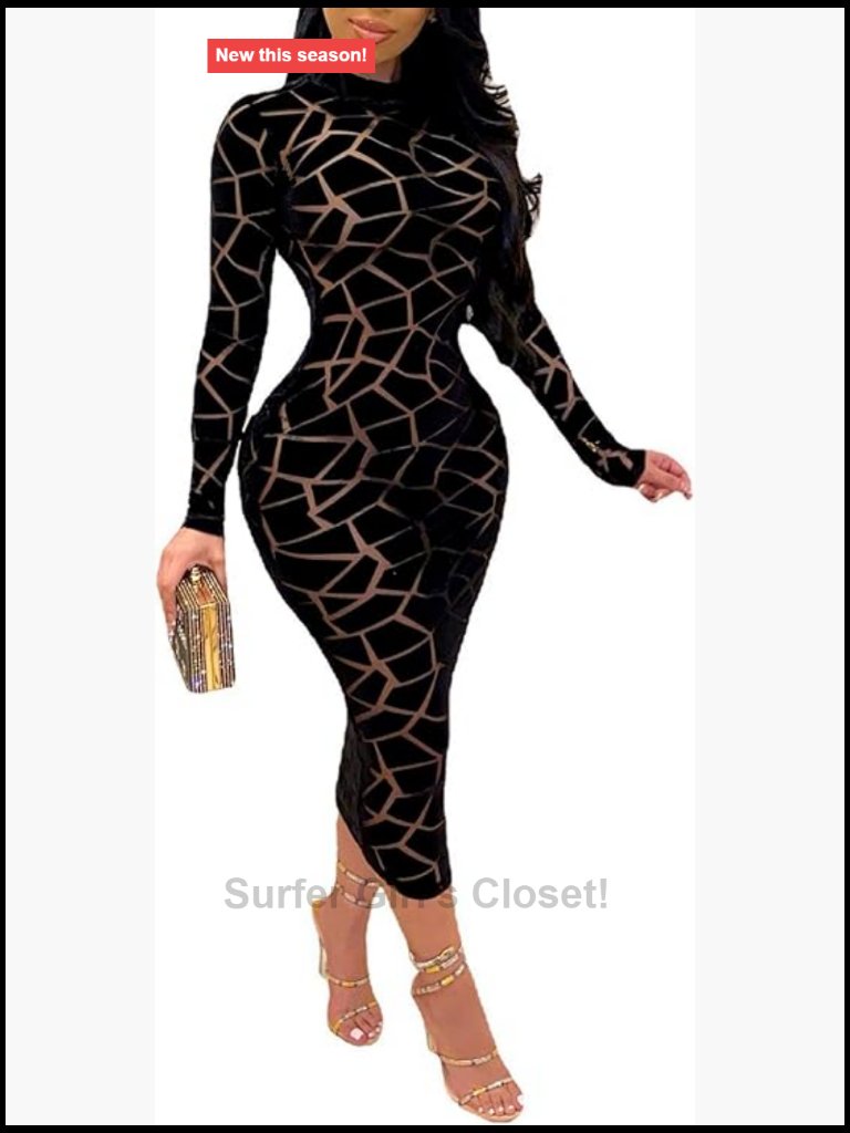 Sheer Mesh Bodycon Midi Dress See Through Long Sleeve Club Party Dress
